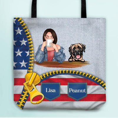 Funny Dog Mom Drink Coffee Zip American Flag Independence Gift For Dog Lovers Custom Style Personalized Tote Bag