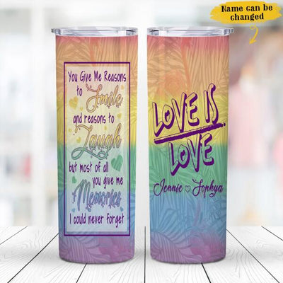 You Give Me Reasons To Smile Laugh Memories Could Never Forget LBGTQ Day Rainbow Flamingo Summer Trip Custom Photo Personalized Tumbler
