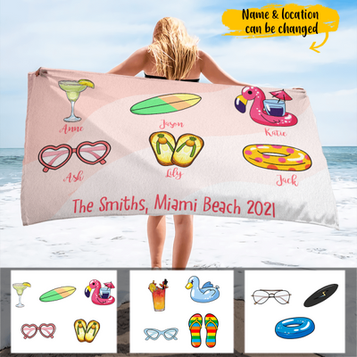 Summer Beach Trip Cocktail Glasses Flip-flops Surfboard Swimming Float Gift For Family Friends Custom Name Personalized Beach Towel