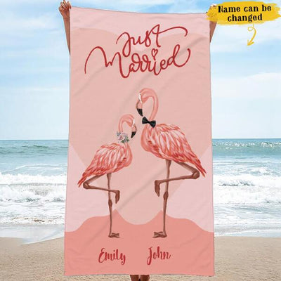 Just Married Flamingo Couple Pink Pattern Honeymoon For Newly Wed Awesome Summer Trip Custom Name Personalized Beach Towel