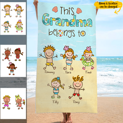 Funny This Grandma Belongs To Cartoon Kids Awesome Summer Vacation Gift Grandmother Custom Icon & Name Personalized Beach Towel