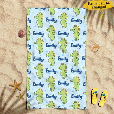 Funny Cartoon Sea Horse Gift For Kids Awesome Summer Trip Custom Name Personalized Beach Towel