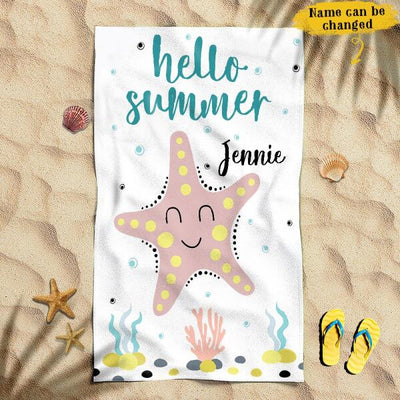 Hello Summer Star Fish Smile Gift For Kids Awesome Summer Trip Custom Name Personalized Beach Towel
