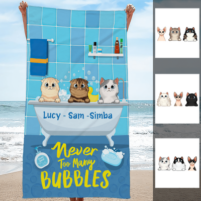 Funny Never Too Many Bubbles Gift Cat Lovers Summer Trip Custom Icon Personalized Beach Towel