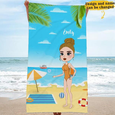 Chibi Beach Girl Summer Vacation Holiday Custom Style & Name Personalized Beach Towel