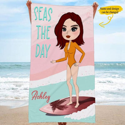 Seas The Day Chibi Beach Girl Custom Style & Name Awesome Summer Trip Personalized Beach Towel