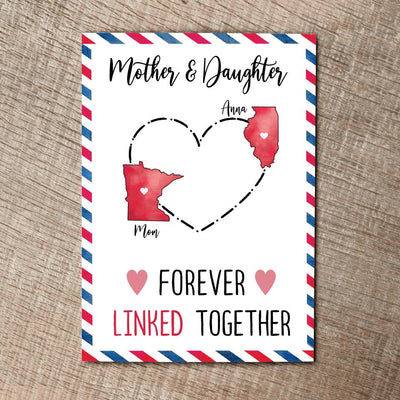 Mother And Daughter Forever Linked Together Custom Name & US States Personalized Mother's Day Birthday Gift For Mom Postcard 5x7 - Dreameris