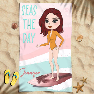Seas The Day Chibi Beach Girl Custom Style & Name Awesome Summer Trip Personalized Beach Towel
