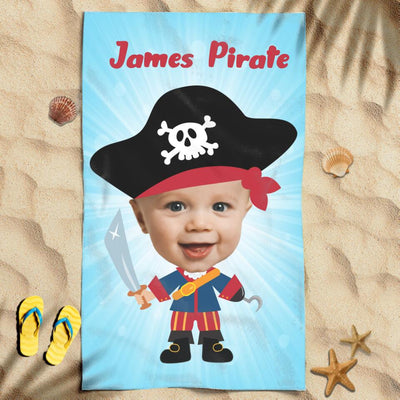 Funny Pirate Awesome Summer Trip Gift For Kids Custom Photo & Name Personalized Beach Towel