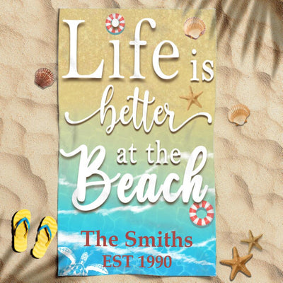 Life Is Better At The Beach Summer Trip Turtle Seashell Float Custom Name And Year Personalized Beach Towel