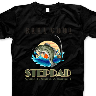 (Custom Title & Kid's Name) Reel Cool Stepdad Vintage Personalized Father's Day Gift For Step Dad Stepfather Fishing Lovers Shirt