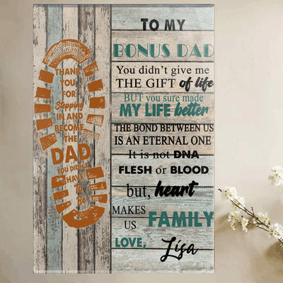 (Custom Name) To My Bonus Dad Heart Makes Us Family Wood Background Personalized Father's Day Gift For Stepdad Stepfather Canvas