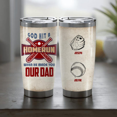 (Up To 6 Kids) God Made A Homerun Baseball Personalized Father's Day Gift For Dad Stepdad Custom Name Bonus Dad Tumbler 20oz Insulated Cup