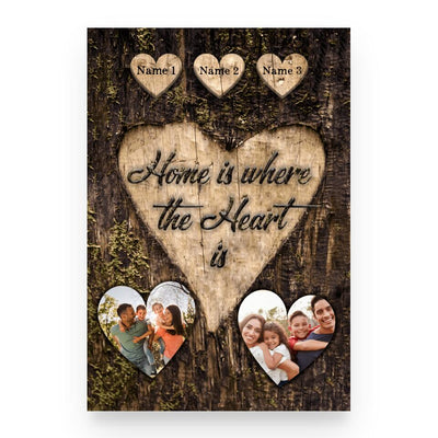 (Custom Names & Photo) Home Is Where The Heart Is Wood Heart Personalized Father's Day Gift For Dad Stepdad Family Gift Canvas Poster Framed