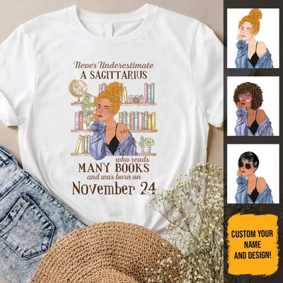 (Custom Your Birthday) Sagittarius Book Lovers Personalized November Birthday Gift For Her Custom Birthday Gift Black Queen Customized December Birthday T-Shirt Hoodie Dreameris