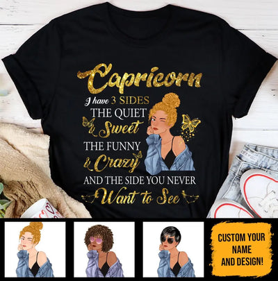 Capricorn I Have 3 Sides Personalized January Birthday Gift For Her Custom Birthday Gift Black Queen Customized December Birthday T-Shirt Hoodie Dreameris