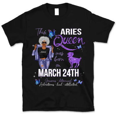Aries Personalized April Birthday Gift For Her Custom Birthday Gift Black Queen Customized March Birthday T-Shirt Hoodie Dreameris