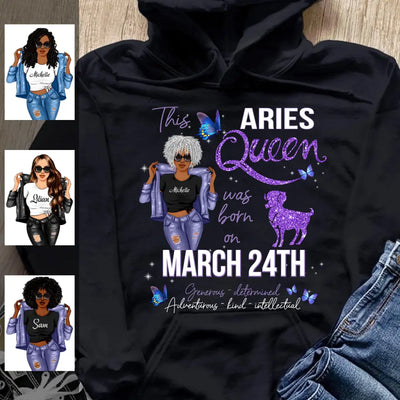 Aries Personalized April Birthday Gift For Her Custom Birthday Gift Black Queen Customized March Birthday T-Shirt Hoodie Dreameris