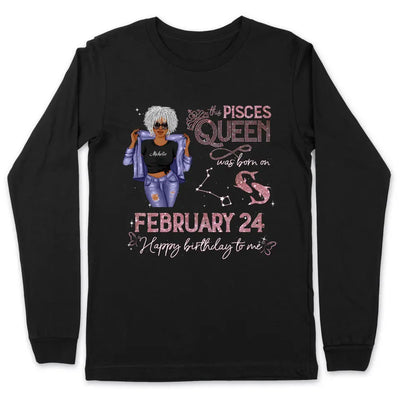 (Custom Birth Date) Pisces Personalized February Birthday Gift For Her Custom Birthday Gift Black Queen Customized March Birthday T-Shirt Hoodie Dreameris