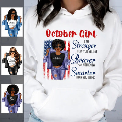 October Girl American Flag Personalized September October Gift For Her Black Queen Custom October Birthday Shirt