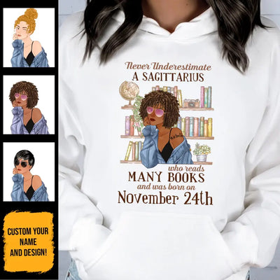 (Custom Your Birthday) Sagittarius Book Lovers Personalized November Birthday Gift For Her Custom Birthday Gift Black Queen Customized December Birthday T-Shirt Hoodie Dreameris