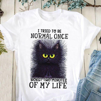 Black Cat I Tried To Be Normal Once Worst Two Minutes Of My Life Cotton T-Shirt - Dreameris